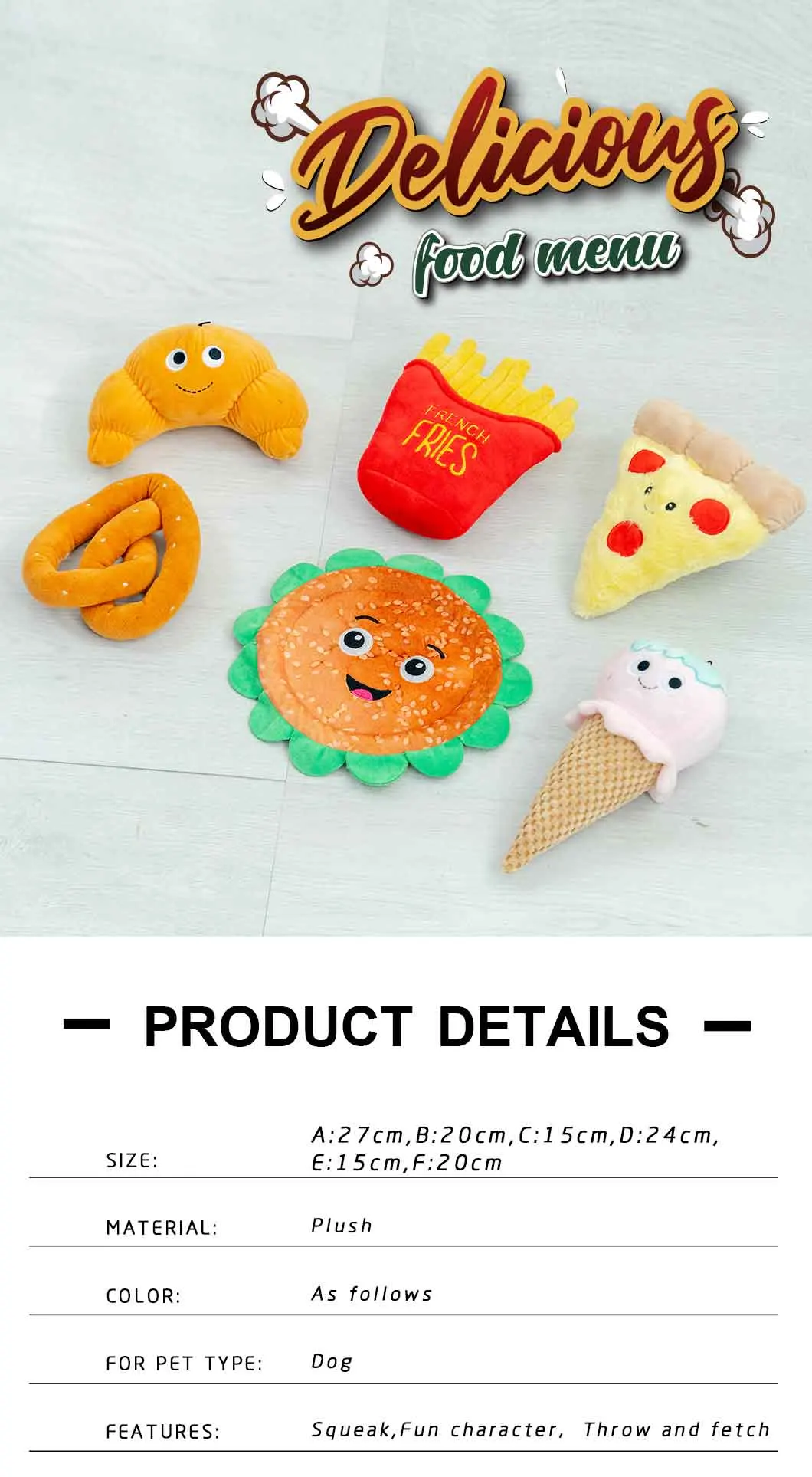 Rena Pet Ice Crean Frites Croissant Sunflower Fun Character Squeaky Throw and Fetch Dog Plush Toys